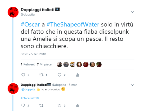 Immagine del tweet di "Doppiaggi Italioti" che spera ironicamente in un Oscar a The Shape of Water